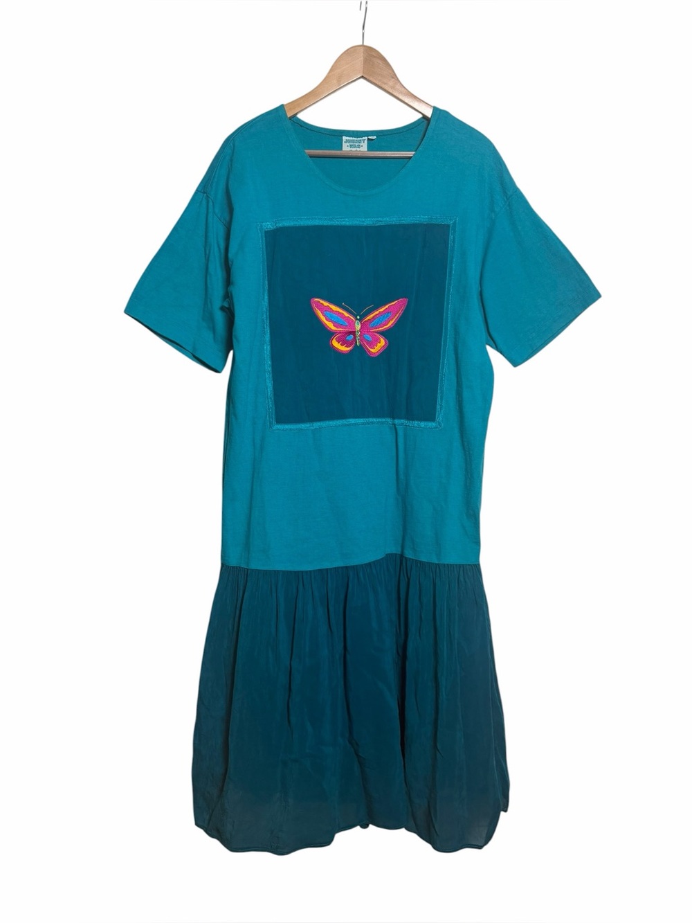 Johnny Was Teal Butterfly Embroidered Mixed Media Drop Waist Midi Dress Medium